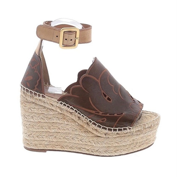 CHLOÉ Tooled Leather Laser Cut Wedge Espadrille Sandals - Picture 1 of 7